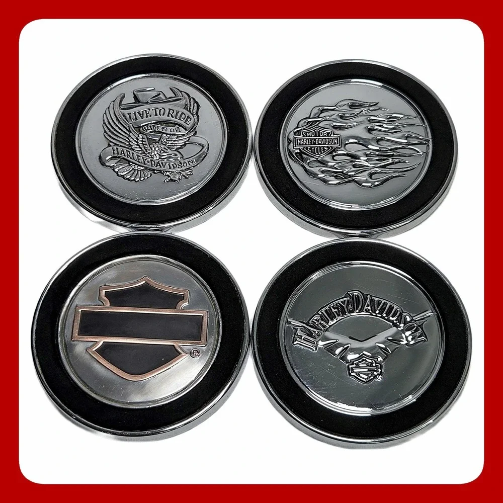 Harley-Davidson 100th Anniversary Coaster Set 4 Chrome Rubber Wood Holder 2003